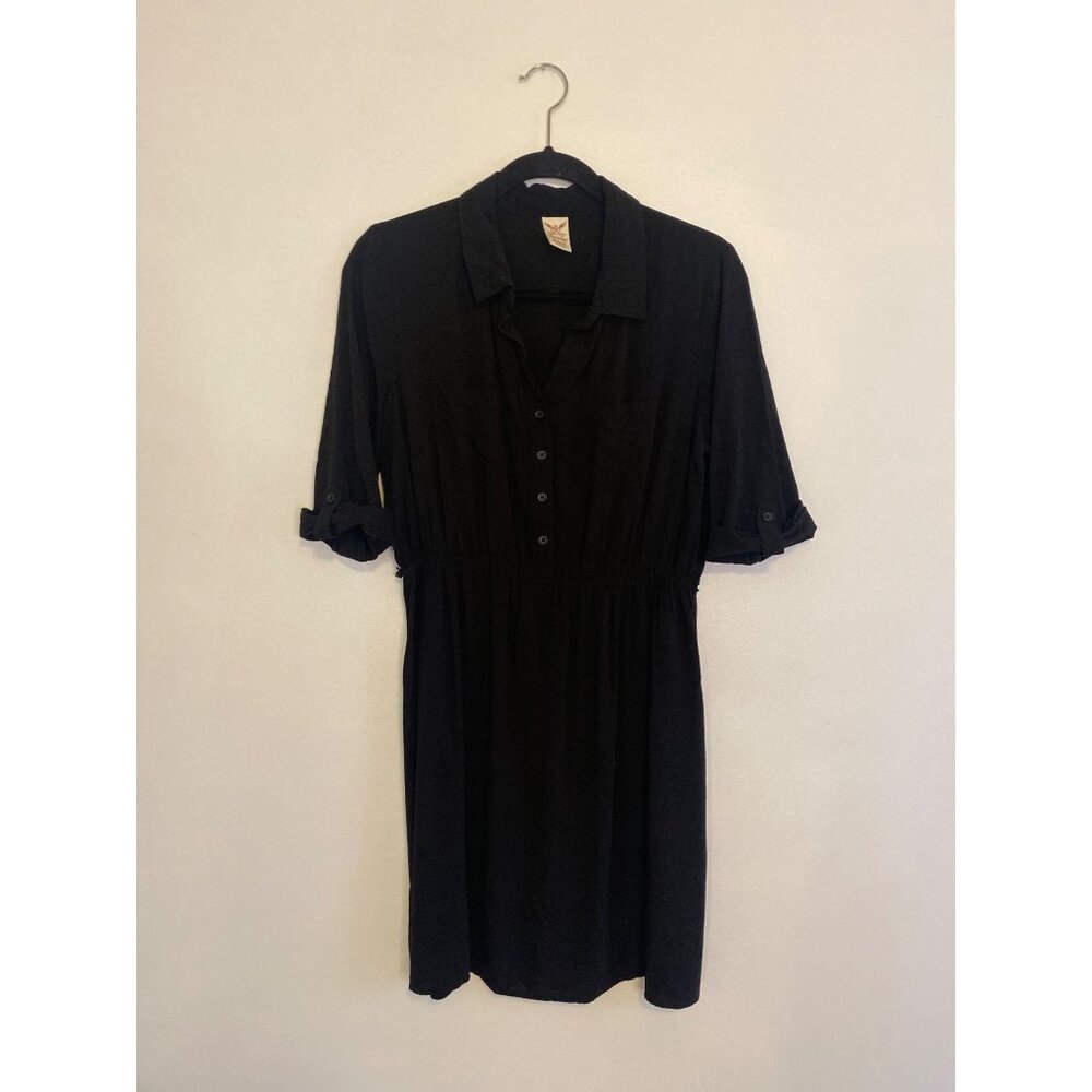 Faded Glory Black Button-Front Midi Dress Size M With 3/4 Sleeve Roll Tab Sleeve